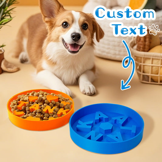 Personalised 3D-printed slow feeder dog bowl in PLA, top-down view showing slow-feed maze and integrated custom name, 15cm x 15cm