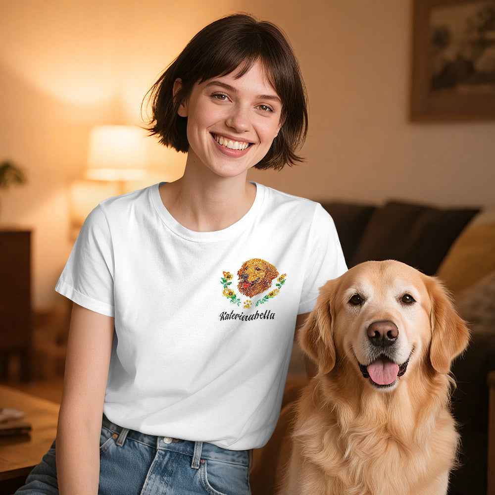 Custom Embroidered-Style Pet T-shirt – Personalized T-shirt with Pet Name & Wreath