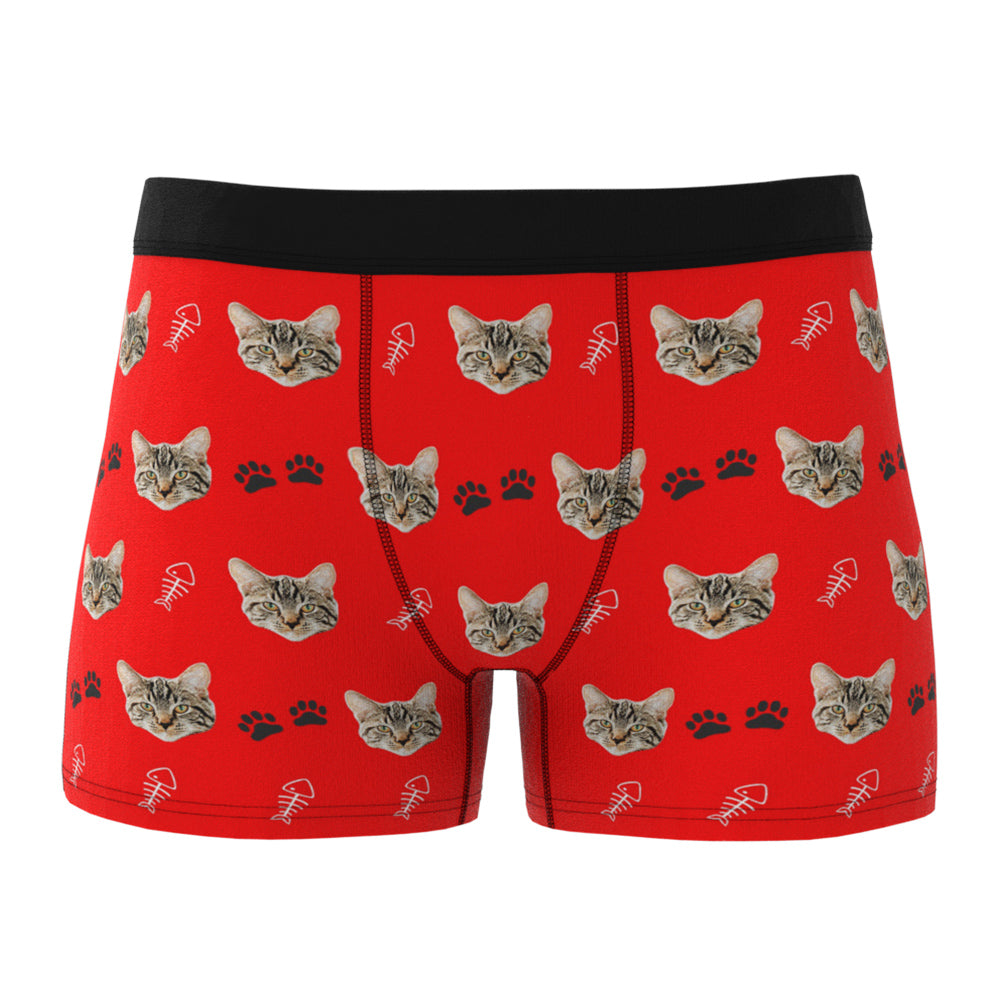 Rear view of personalised men's boxer briefs with full-coverage cat face print and secure elastic waistband — ideal novelty gift for him or groomsmen