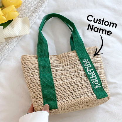 Personalised beach straw tote with custom name on the front — handcrafted fibre bridesmaid and bridal shower bag, 30cm x 20cm