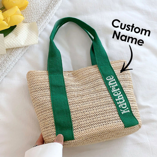 Personalised beach straw tote with custom name on the front — handcrafted fibre bridesmaid and bridal shower bag, 30cm x 20cm
