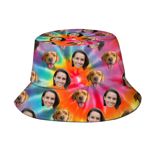 Custom Face Tie Dye Bucket Hat in vibrant multicolour swirl, unisex foldable sun cap with 7 cm brim, breathable fabric, UV protection and personalised photo-print option
