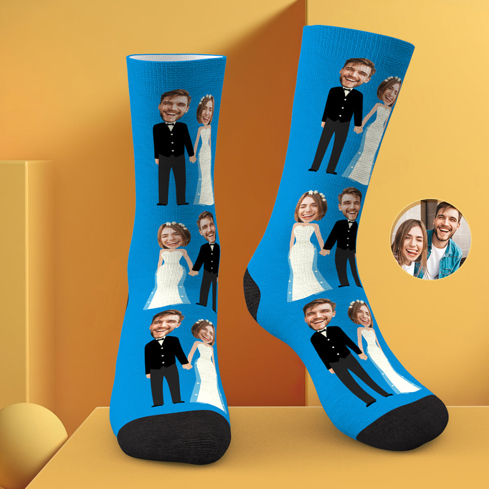 Close-up of personalised photo socks fabric and heat-transfer print — vibrant, durable print on soft polyester blend for custom wedding socks