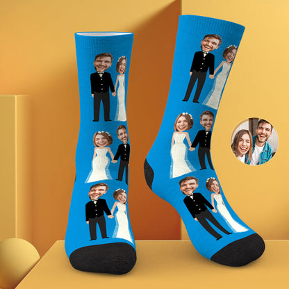 Close-up of personalised photo socks fabric and heat-transfer print — vibrant, durable print on soft polyester blend for custom wedding socks