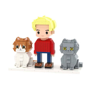 Custom Full-Body Cute Brick Figures of 1 Person and 2 Cats Personalized Anniversary Gift Birthday Gift
