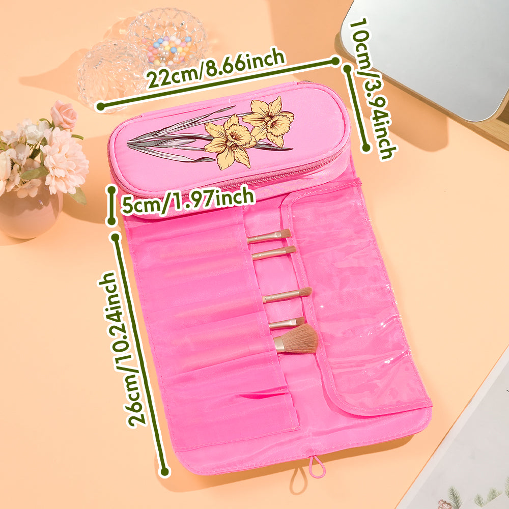 Interior view of personalised make-up brush bag showing roomy compartment for brushes, pencils and small toiletries