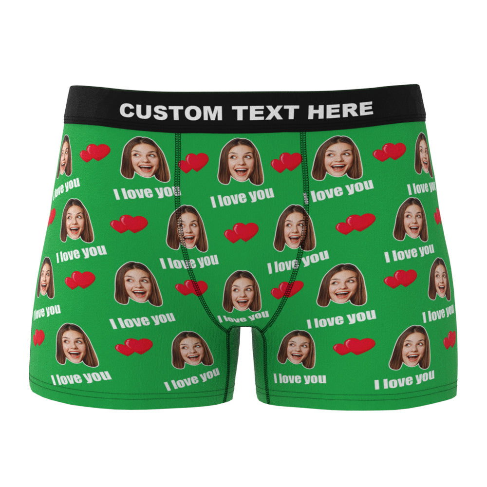 Gallery showing personalised I Love You boxers and customisation options – upload high-resolution photo for best print results