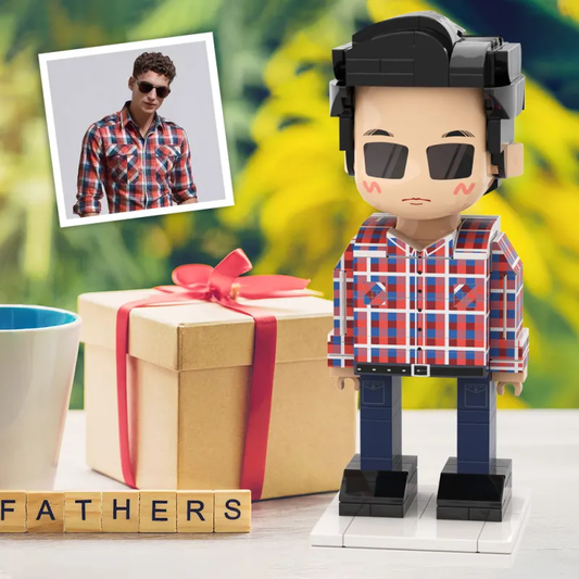 Full‑Body Personalised Duddu Brick Figure (front view) in Light Nougat skin — custom hairstyle and expression, eco‑friendly ABS personalised keepsake for birthday or Father’s Day gift