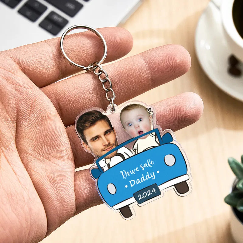 Personalised Drive Safe keyring — Style C father and kid design on acrylic keychain, custom text or photo option for Father's Day