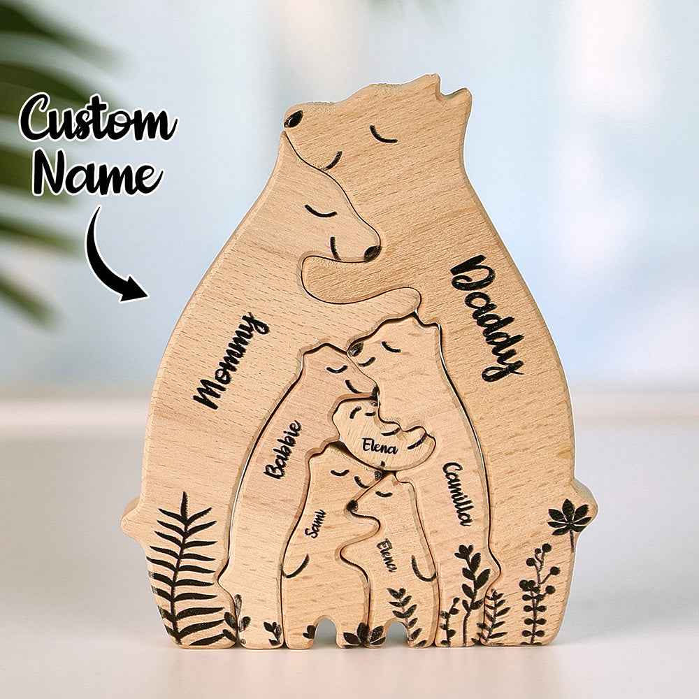 Custom Name Wooden Heart Bear Puzzle – Personalized Family Gift