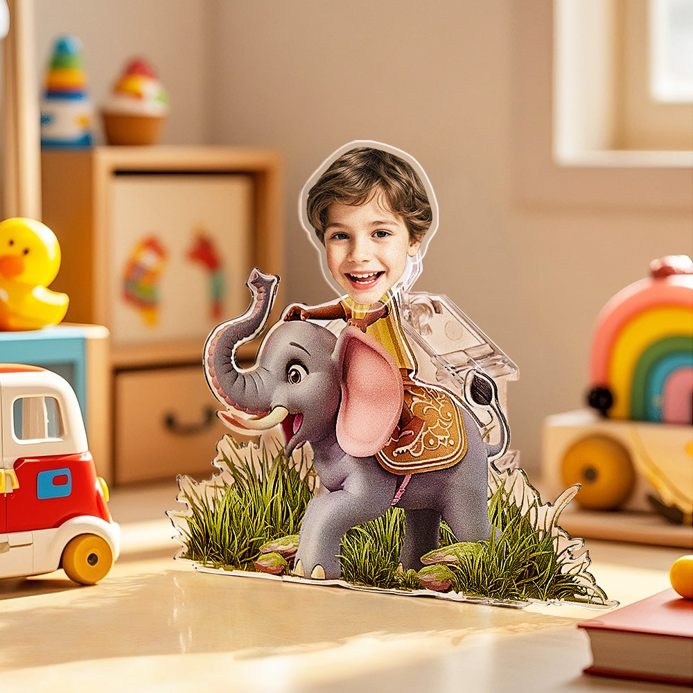 Close-up of custom photo acrylic standee showing shaking head mechanism — ideal personalised kids gift and desk ornament