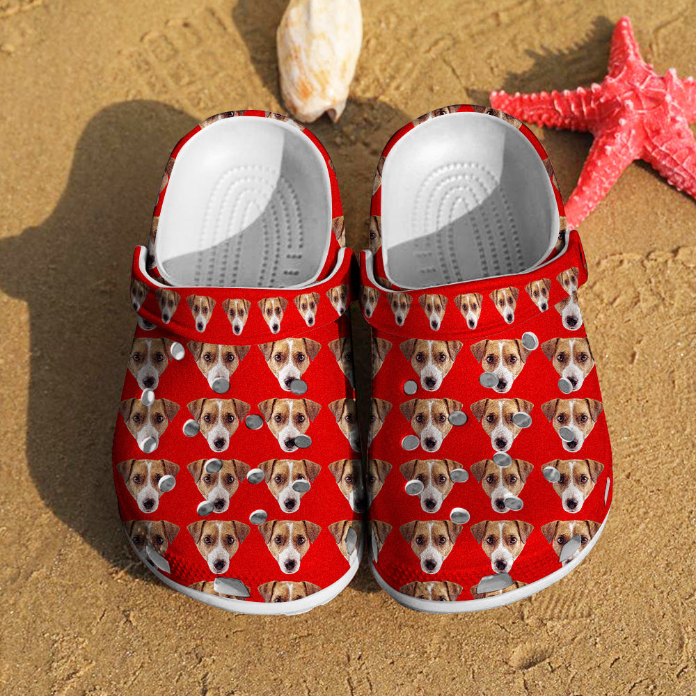 Multi-angle product collage of personalised pet face clogs showing design, strap name and sole — detailed views of custom name slippers for pet lovers