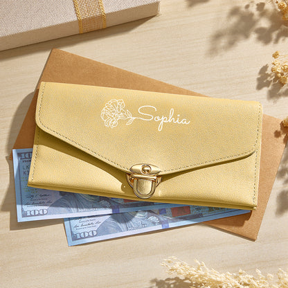 Personalised Birth Flower PU Leather Wallet with Name - Custom Birthday Gift for Her
