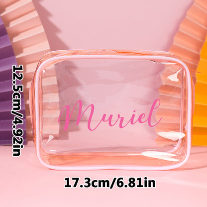 Close-up of personalised clear PVC makeup bag showing custom name in elegant script – waterproof cosmetic pouch, perfect gift for her