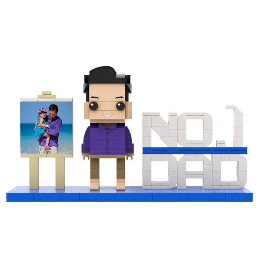 Front view of a customisable full-body building block figure personalised to resemble Dad, showing detailed hairstyle, facial expression and clothing texture — ideal personalised Father’s Day gift