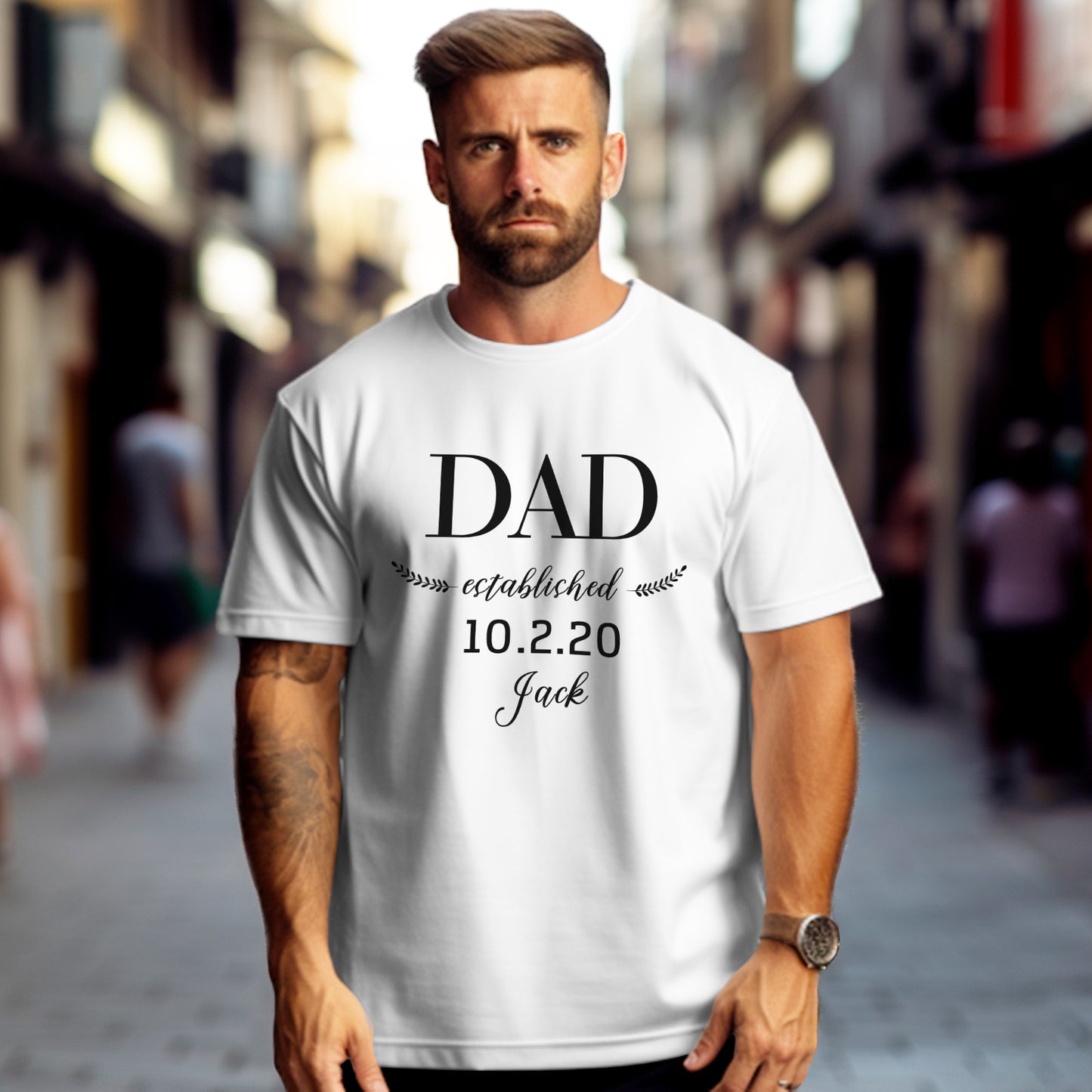 Front view of personalised Daddy Established cotton T-shirt in white – custom Father's Day gift with option to add name or date