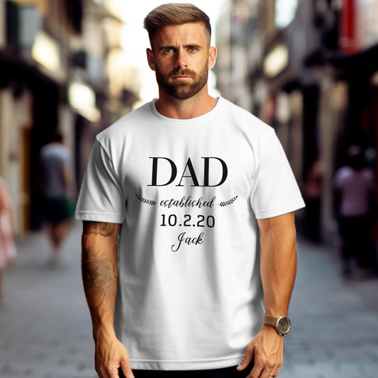 Front view of personalised Daddy Established cotton T-shirt in white – custom Father's Day gift with option to add name or date