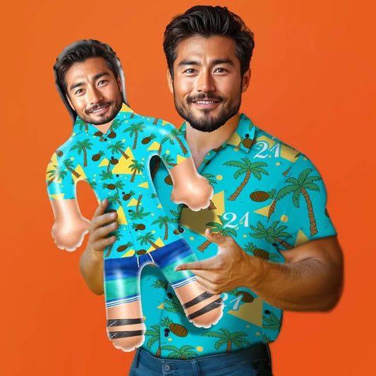 Personalised inflatable doll with custom photo print wearing a tropical Hawaiian shirt for parties
