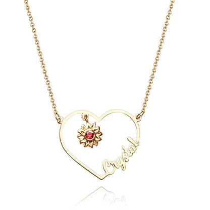 Personalized Heart-Shaped Sunflower Name Necklace with Birthstone Birthday Anniversary Gift for Her