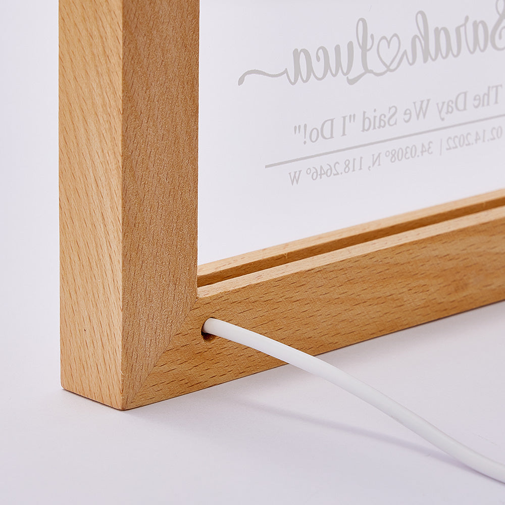 Solid wood frame detail of a personalised constellation night light — natural grain finish showcasing high-quality craftsmanship for a custom engraved gift