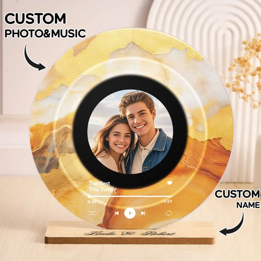 Personalised Vinyl Record Plaque with custom photo and song title on glossy acrylic – photo & song keepsake with optional engraved text