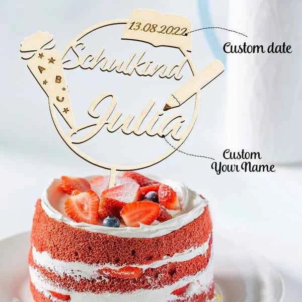 Custom Name Cake Topper Personalized Wooden School Cone Cake Decoration