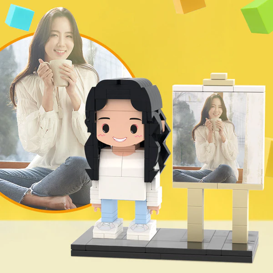 Custom full-body 1-person brick figure in frame — personalised small particle block toy gift for girlfriend