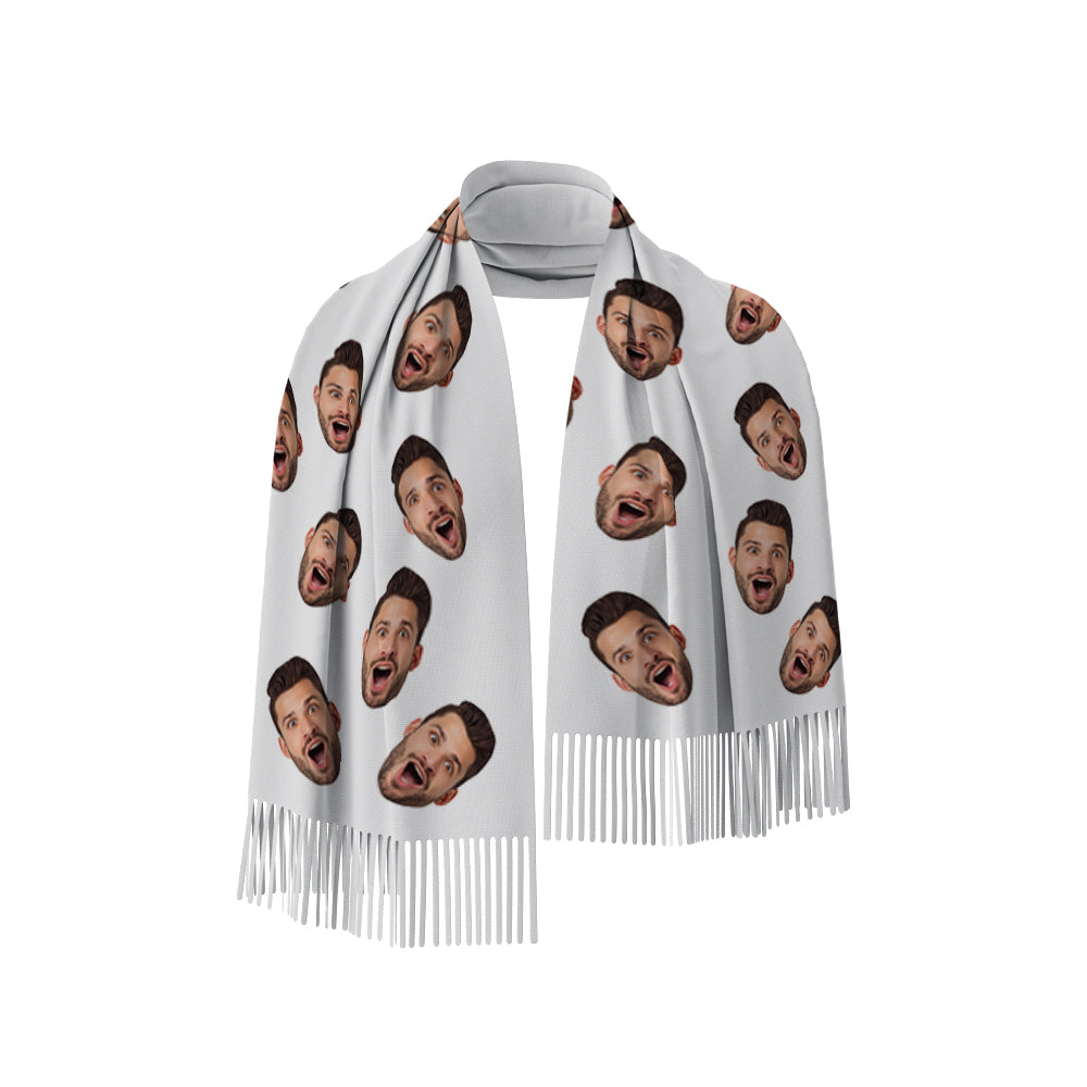 Personalised face scarf in faux cashmere with fringed tassels, draped to display a high-definition custom photo print, cosy stylish scarf gift for women