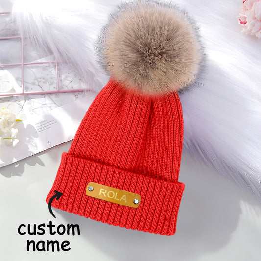 Personalised Name Beanie with leather patch — front view of custom name beanie, soft acrylic newborn and kids winter hat