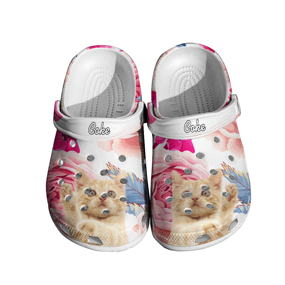 Side-angle close-up of personalised pet face clog highlighting durable rubber material, adjustable heel strap and vibrant floral print with custom name