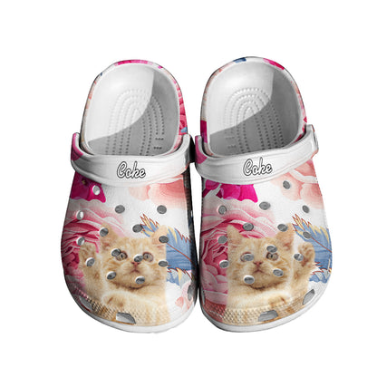 Side-angle close-up of personalised pet face clog highlighting durable rubber material, adjustable heel strap and vibrant floral print with custom name