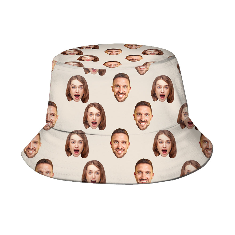 Personalised unisex bucket hat modelled to show structured brim and flattering three-dimensional shape — ideal foldable travel sun hat