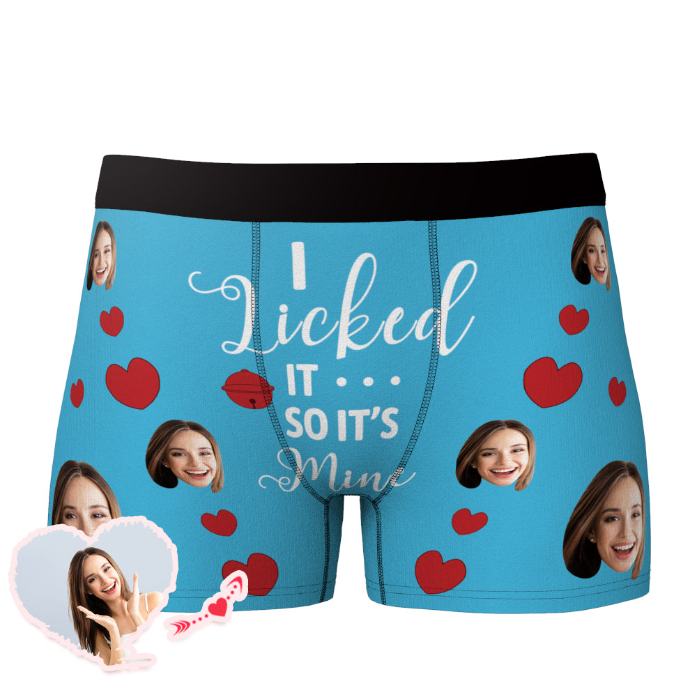 I Licked It So It's Mine custom boxer – front view of personalised funny-face men's underwear (grey) with full‑colour face print and elastic waistband