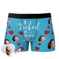 I Licked It So It's Mine custom boxer – front view of personalised funny-face men's underwear (grey) with full‑colour face print and elastic waistband