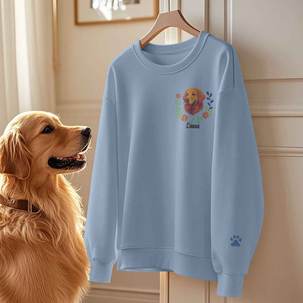 Custom Embroidered-Style Pet Sweatshirt – Personalized Pullover with Pet Name & Wreath
