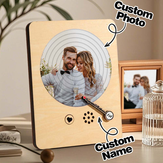 Front view of personalised wooden record player with custom photo lid — handcrafted anniversary keepsake