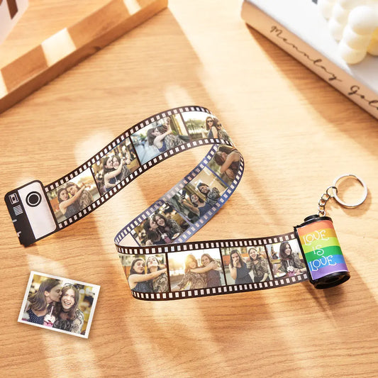 Custom rainbow film roll keyring personalised with a photo — compact 2.5 x 4.8 cm multiphoto roll keyring, ideal LGBT pride gift