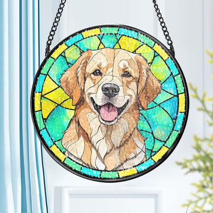 Personalised pet memorial ornament close-up showing coloured stained glass and metal frame — thoughtful sympathy gift for pet lovers