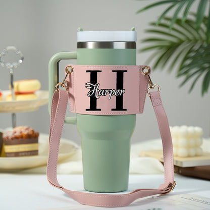 Front view of personalised tumbler carrier in multiple colours showing custom name options for a 40oz Stanley tumbler