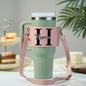 Front view of personalised tumbler carrier in multiple colours showing custom name options for a 40oz Stanley tumbler