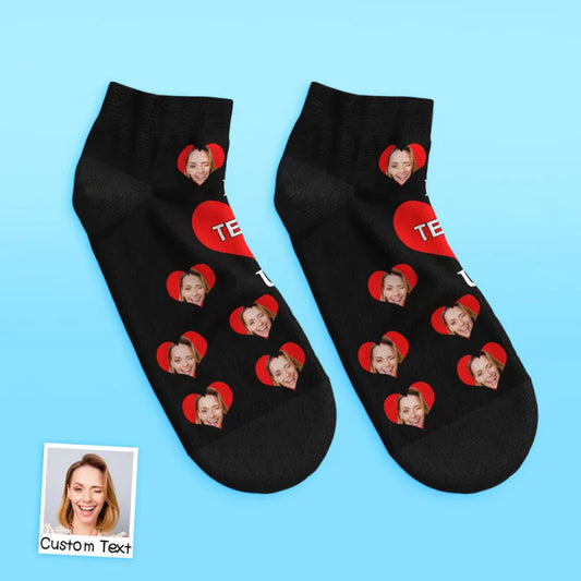 Custom Face Low-Cut Ankle Socks showing personalised face print and 'I Love U Mum' message, studio front view