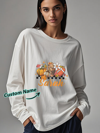 Side profile of personalised Halloween long-sleeve T-shirt highlighting sleeve length and comfortable fit