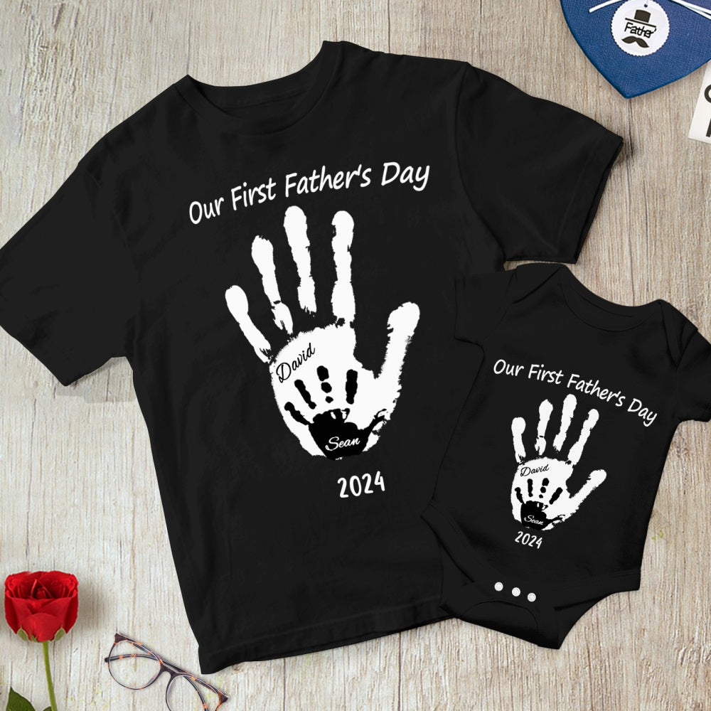 Personalised 'Our First Father's Day' Dad T-shirt with baby handprint design — custom Dad T-shirt for a first Father's Day gift