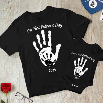 Personalised 'Our First Father's Day' Dad T-shirt with baby handprint design — custom Dad T-shirt for a first Father's Day gift