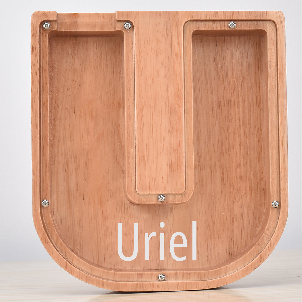 Personalised Oak Wooden Letter Money Box with Engraved Name | Handcrafted Piggy Bank
