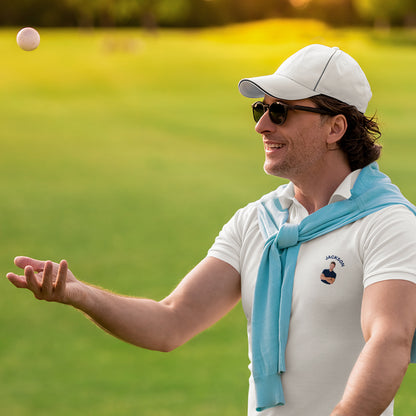 Lapel collar and placket detail on personalised polo — classic polo silhouette suitable for office, clubhouse or outdoor sports