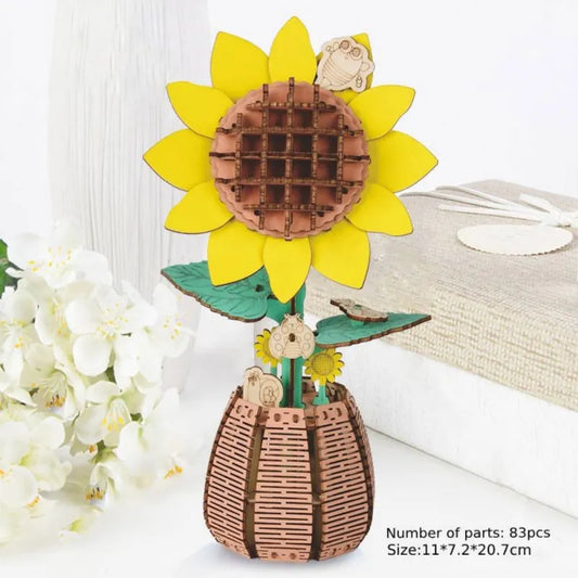 Assembled 3D sunflower wooden flower puzzle displayed as a Mother's Day gift for Mum — handcrafted wooden sunflower décor, perfect personalised keepsake