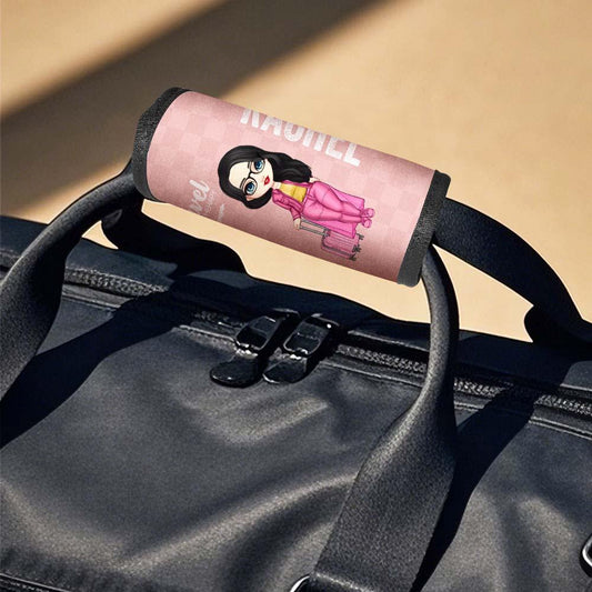 Personalised cartoon neoprene luggage handle wrap with custom name — bright travel ID tag for suitcase
