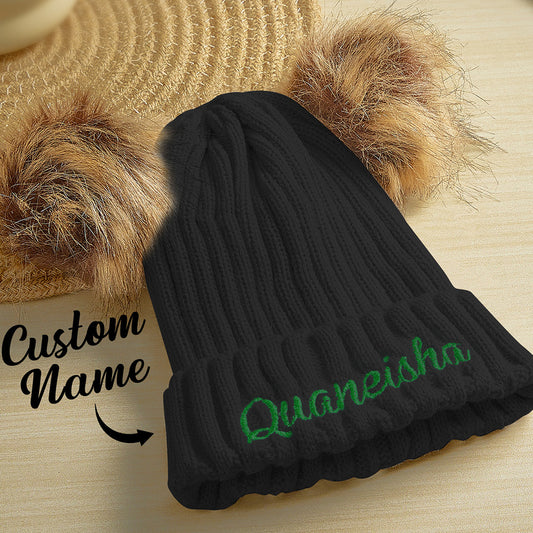 Personalised mum and baby warm knitted beanie set in soft Orlon acrylic with embroidered names on the brim — matching parent‑child hats, ideal gift for families