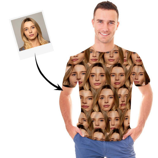 Front view of personalised men's face T‑shirt with custom photo print on soft 100% polyester – personalised face tee perfect as a personalised gift T‑shirt